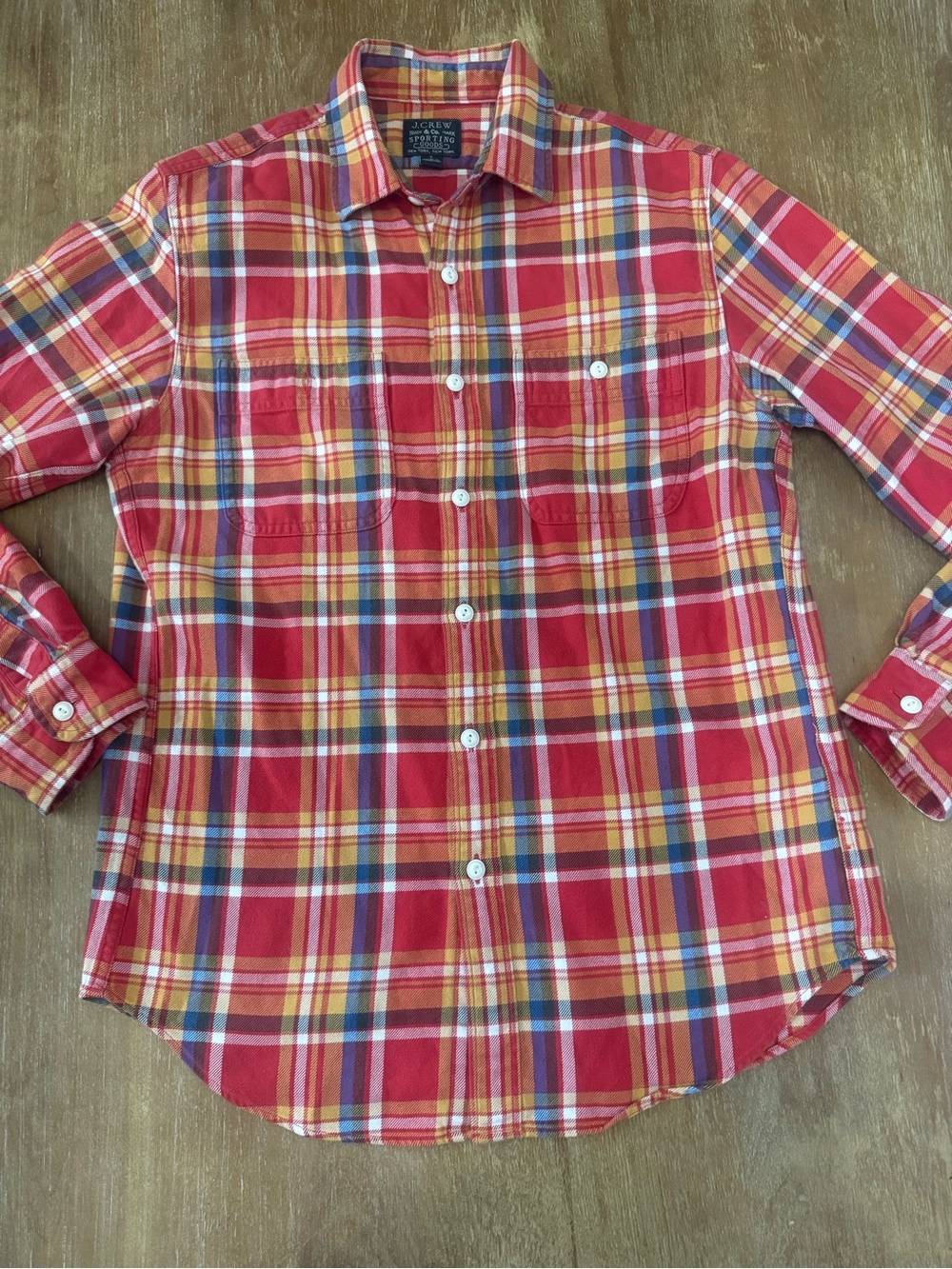 J. Crew Red Plaid Cotton Button-Down Shirt with Yellow & Blue Accents